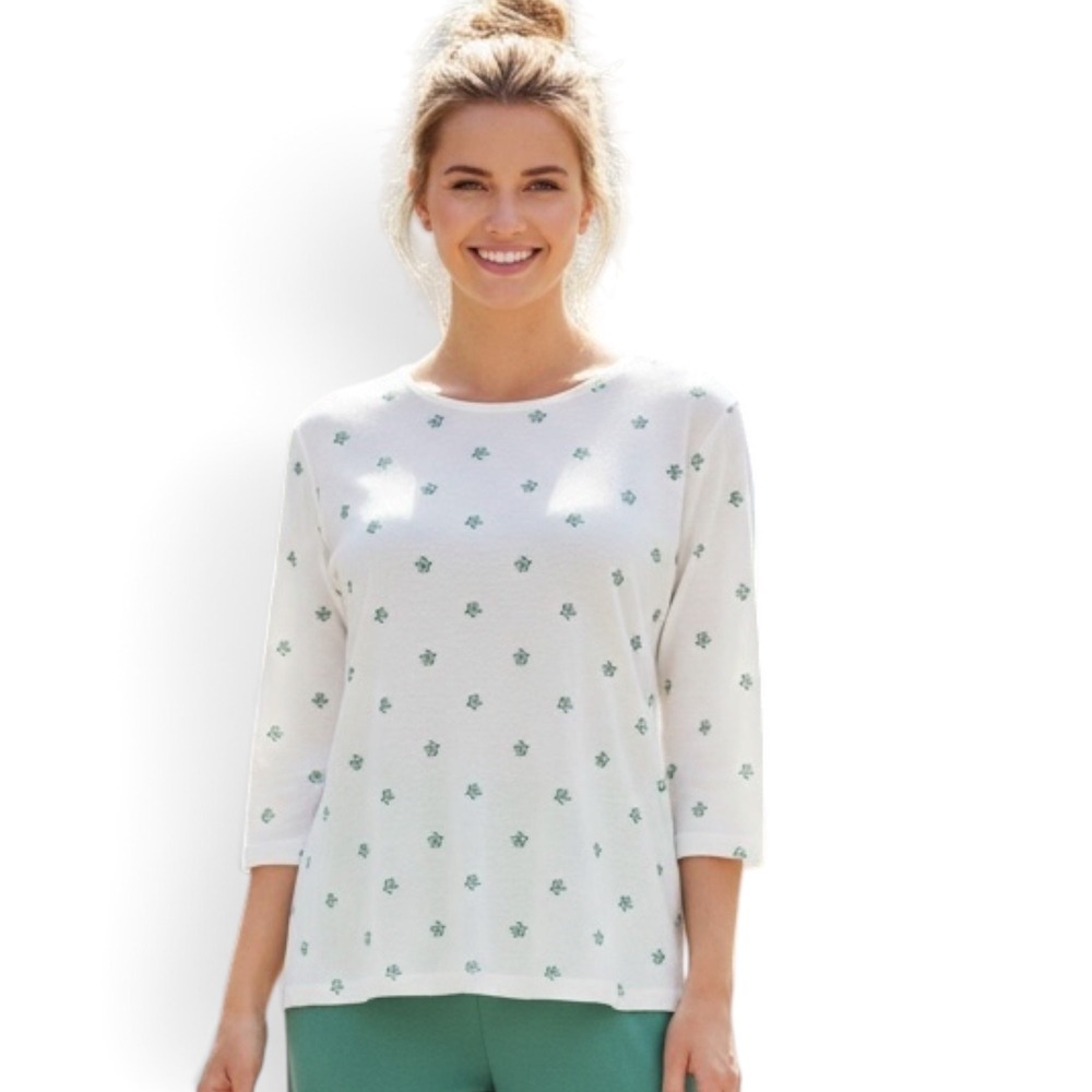 Womens White Green Sea Turtle Print 3/4 Sleeve Crew Neck Knit Top Jersey Tee